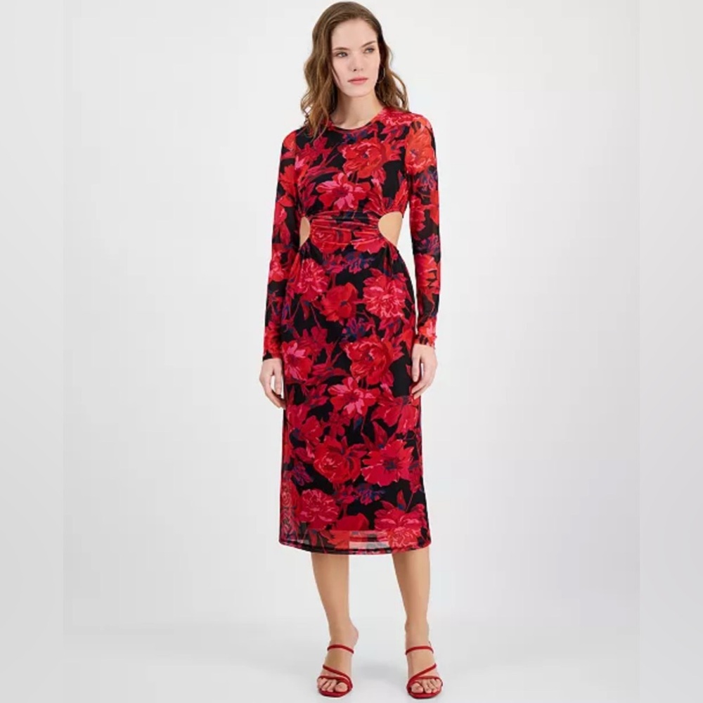 14th Place Women’s Floral Side-Cutout Midi Red Dress
